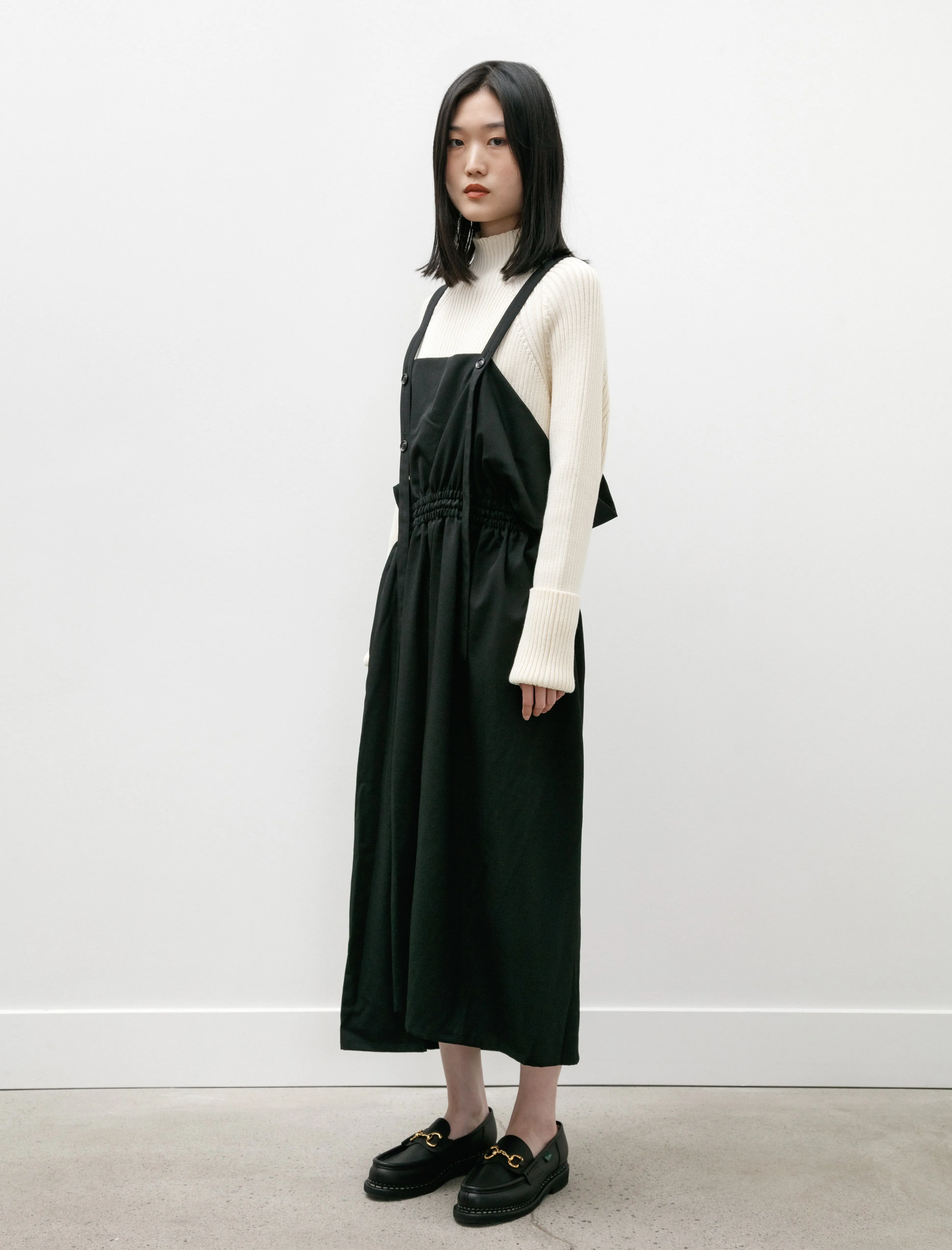 Gabardine Gathered Suspender Dress Black