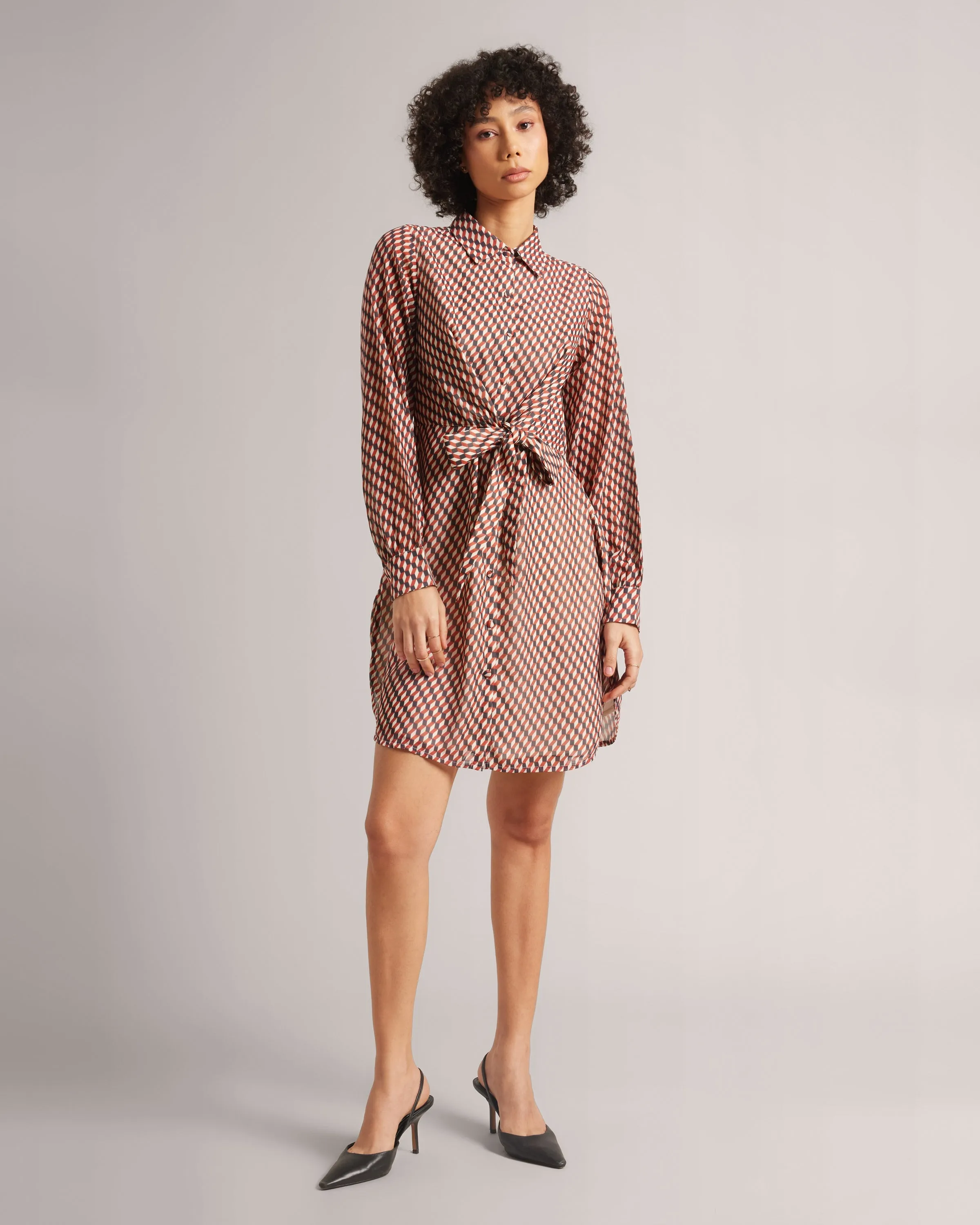 Geometric Print Front Tie-Up Mini Shirt Dress