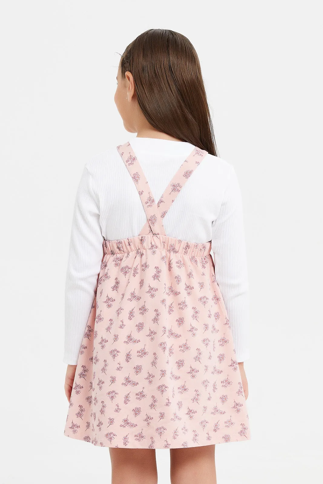 Girls Pink Printed Dungaree Set (2 Piece)