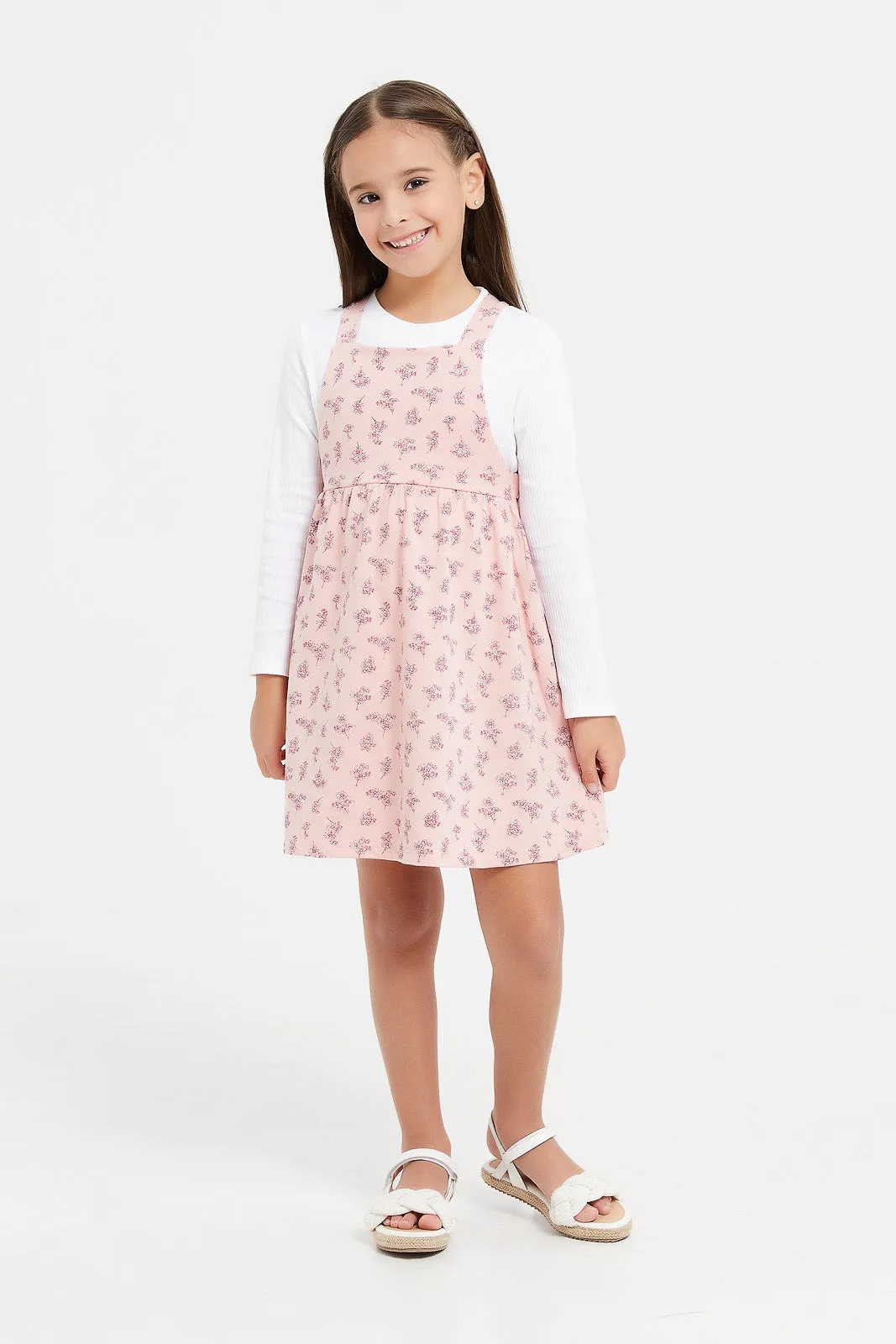 Girls Pink Printed Dungaree Set (2 Piece)