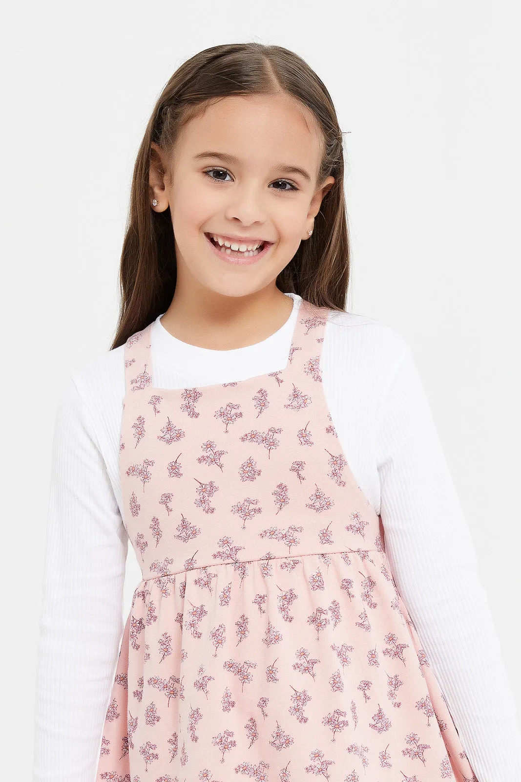 Girls Pink Printed Dungaree Set (2 Piece)