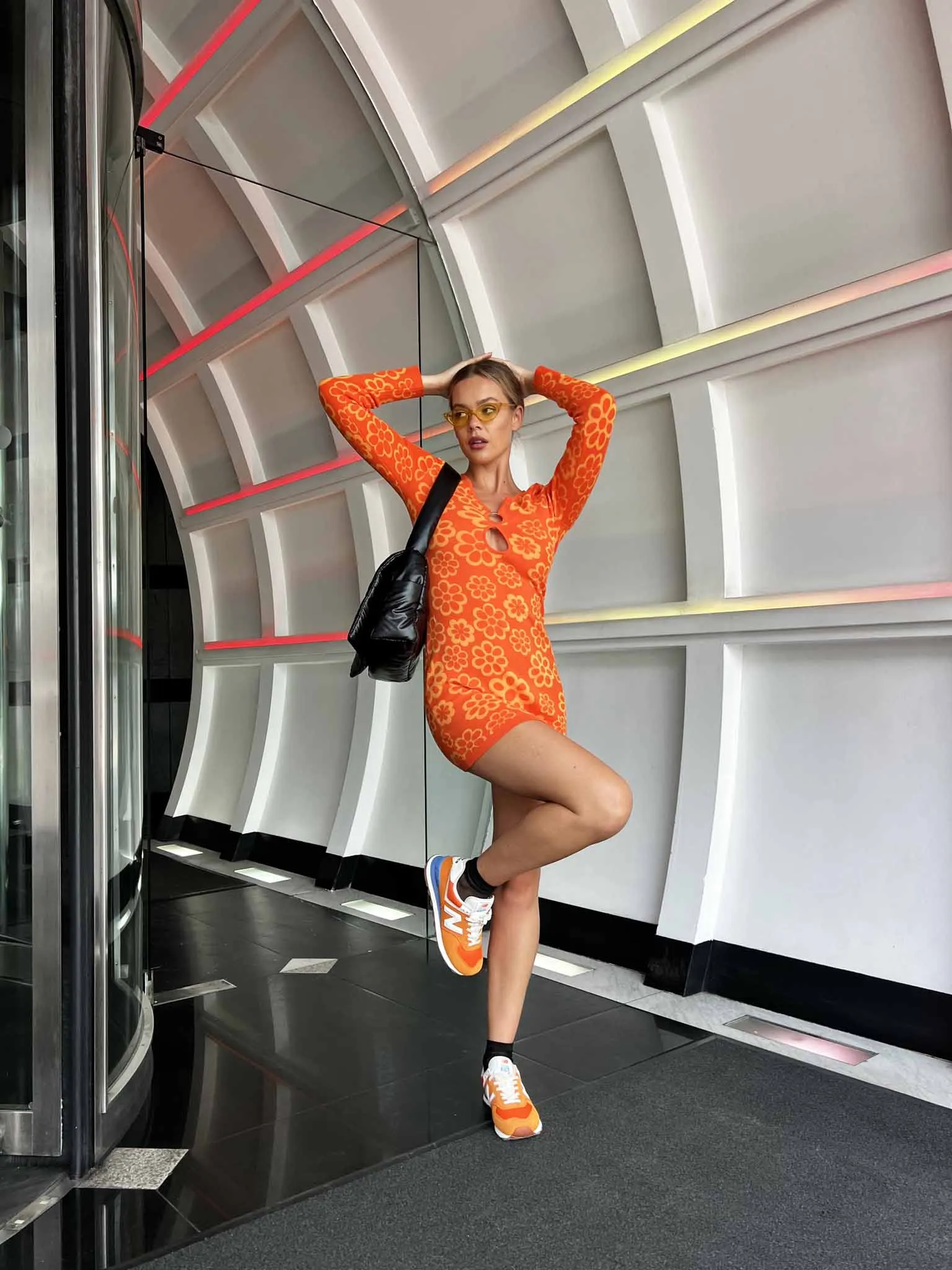 Glamorous Orange Tonal Flowers Knitted Mini Dress