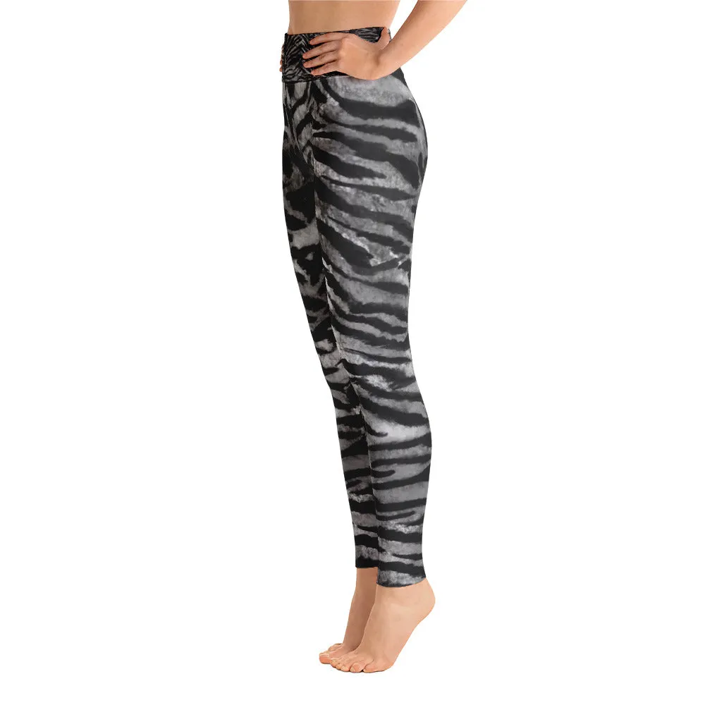 Gray Tiger Striped Yoga Leggings, Women's Animal Print Long Yoga Pants - Made in USA/EU