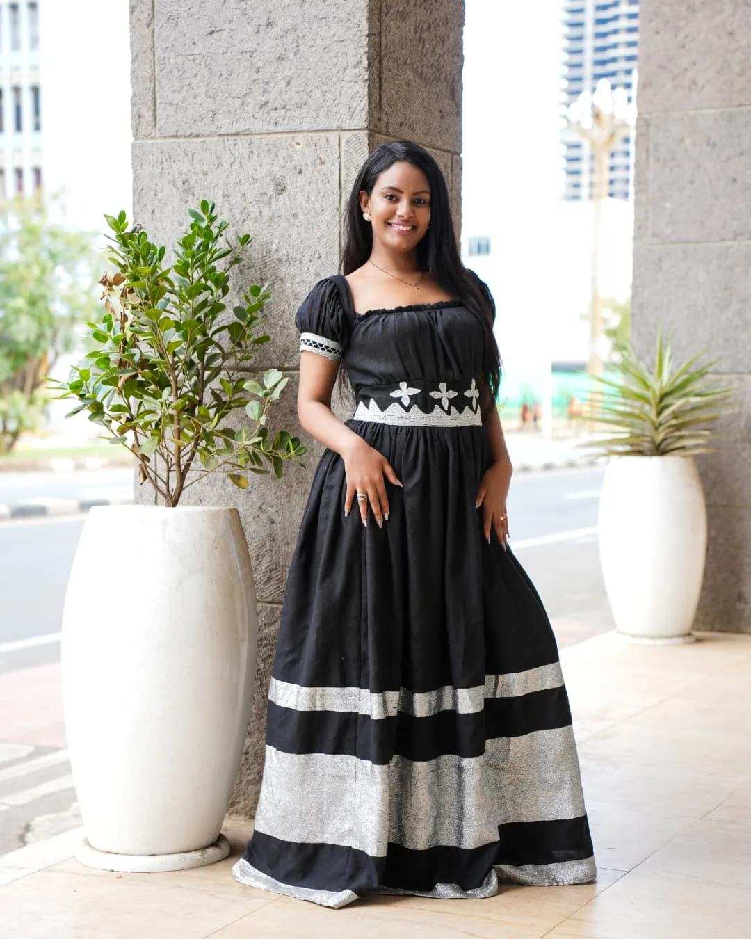 Harmonious Love in Black Matching Habesha Couples Outfit: with Silver Traditional Handcrafted Embroidery Ethiopian Couples Outfit