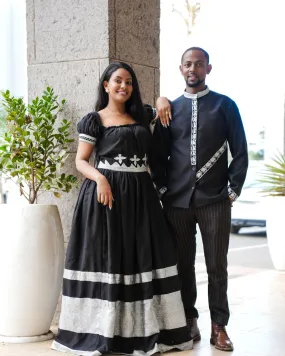 Harmonious Love in Black Matching Habesha Couples Outfit: with Silver Traditional Handcrafted Embroidery Ethiopian Couples Outfit