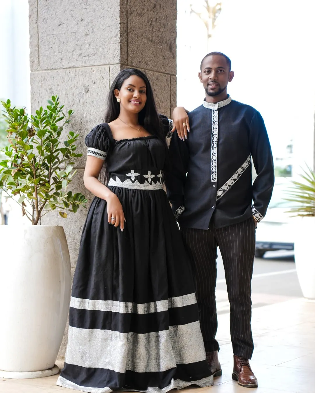 Harmonious Love in Black Matching Habesha Couples Outfit: with Silver Traditional Handcrafted Embroidery Ethiopian Couples Outfit