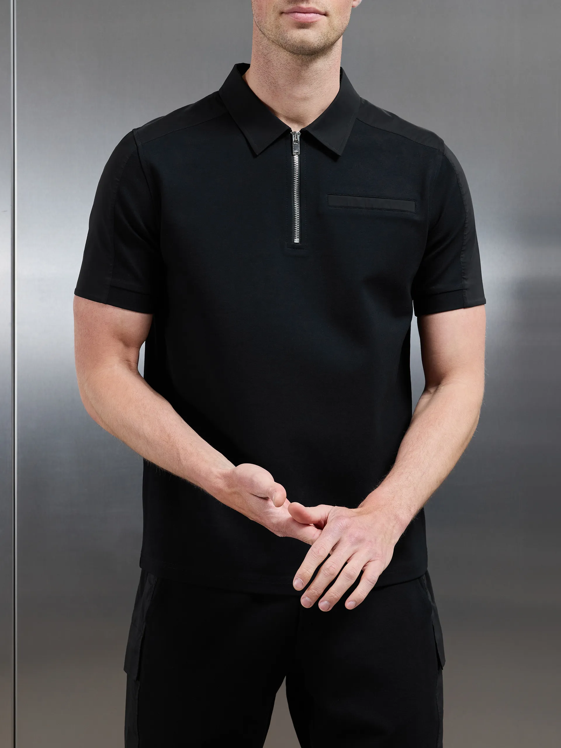 Hybrid Cargo Zip Polo Shirt in Black