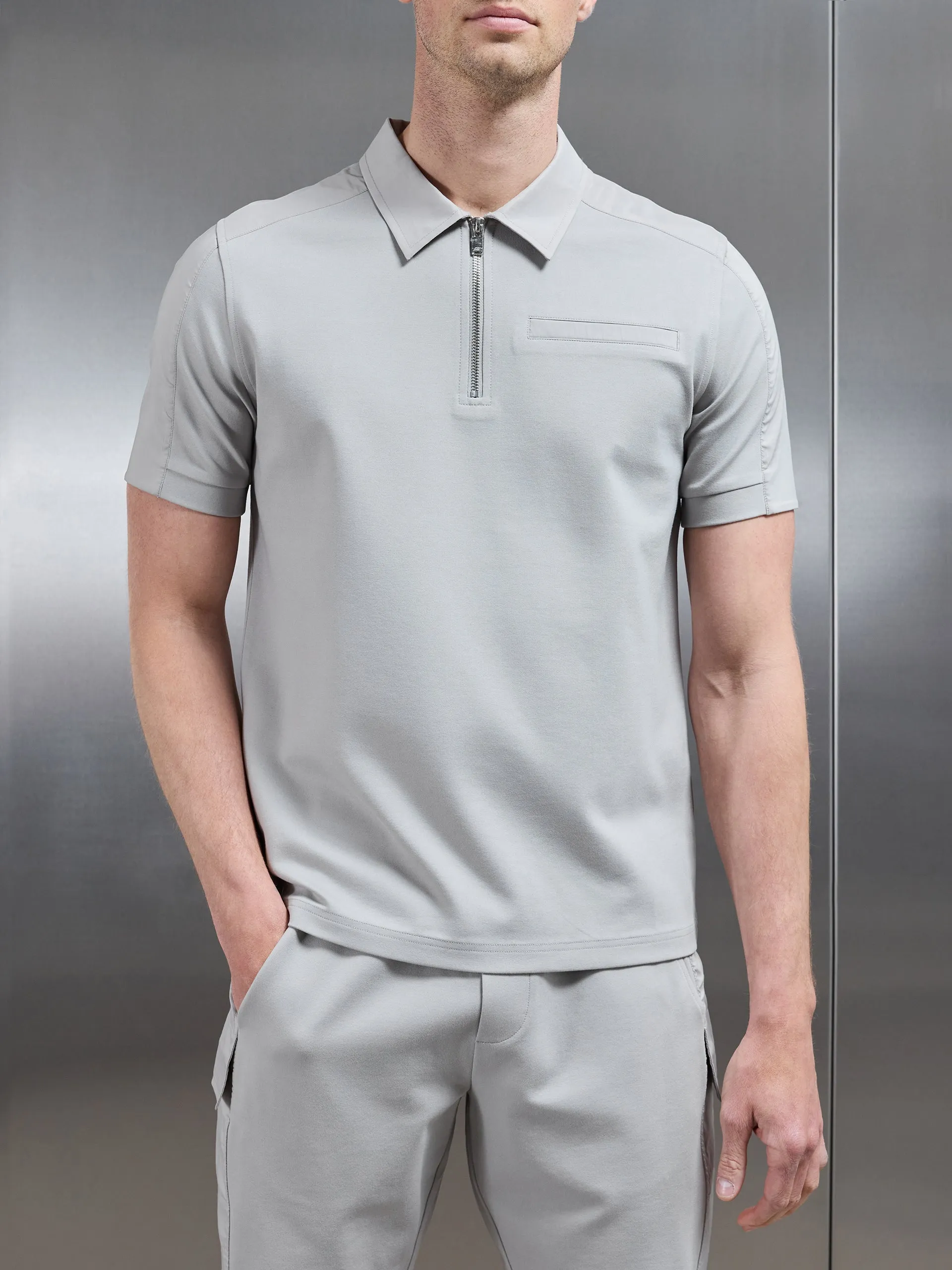 Hybrid Cargo Zip Polo Shirt in Stone