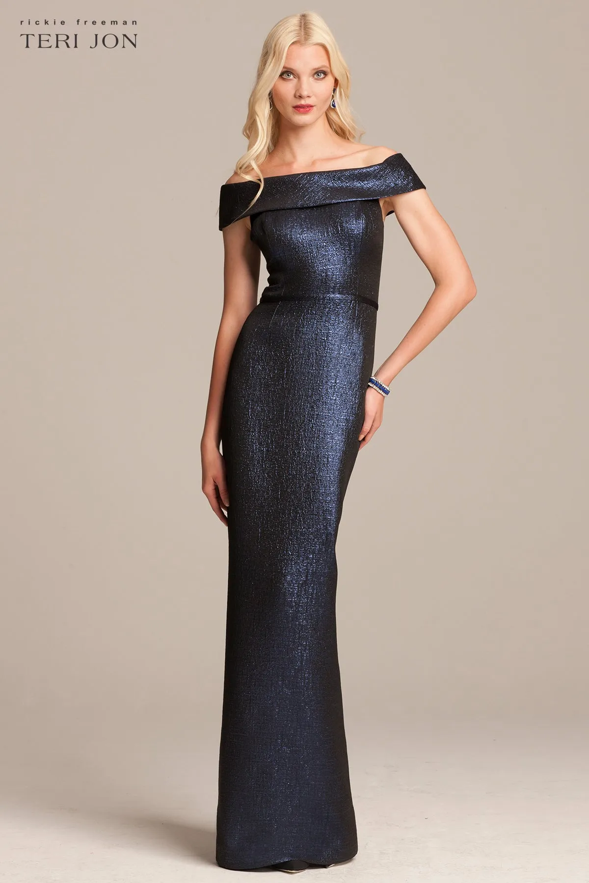 Jacquard Off The Shoulder Column Gown