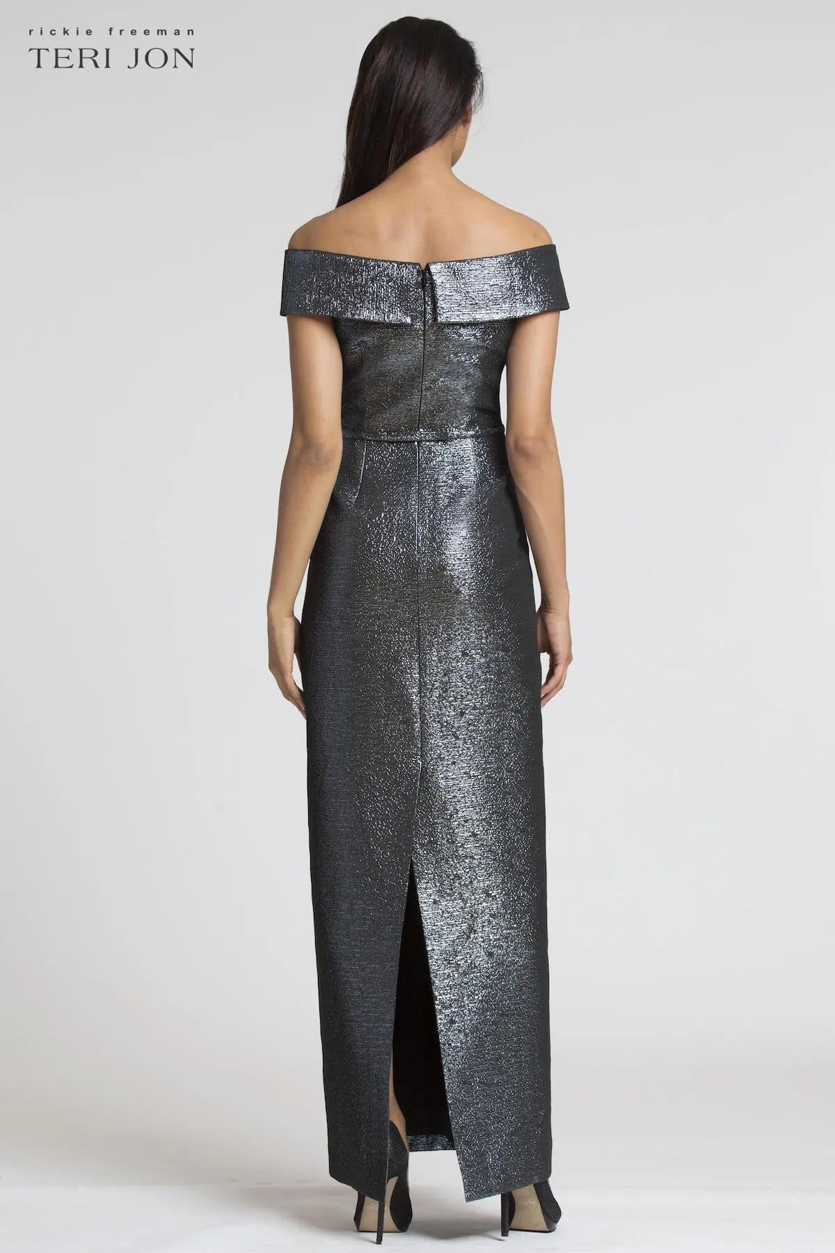 Jacquard Off The Shoulder Column Gown