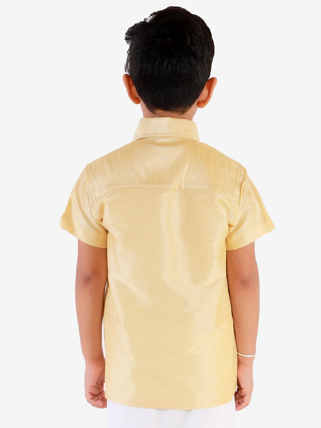 Jashvi Men's & Boys Gold Solid Silk Blend Half Sleeve Ethnic Shirt