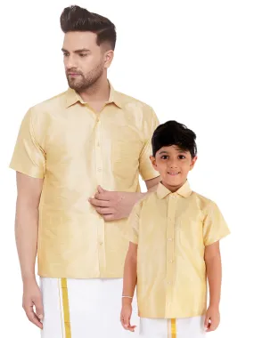 Jashvi Men's & Boys Gold Solid Silk Blend Half Sleeve Ethnic Shirt