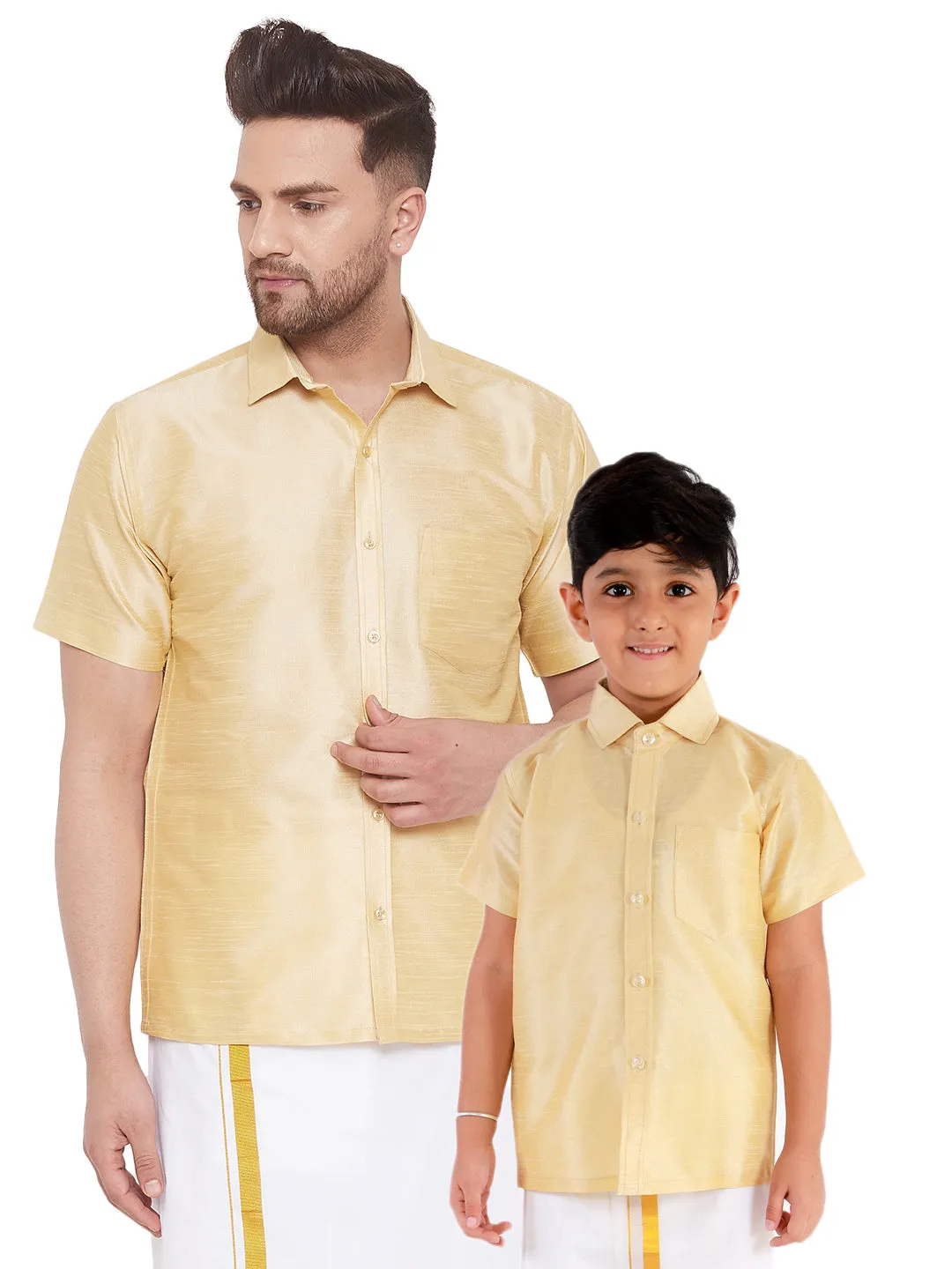 Jashvi Men's & Boys Gold Solid Silk Blend Half Sleeve Ethnic Shirt