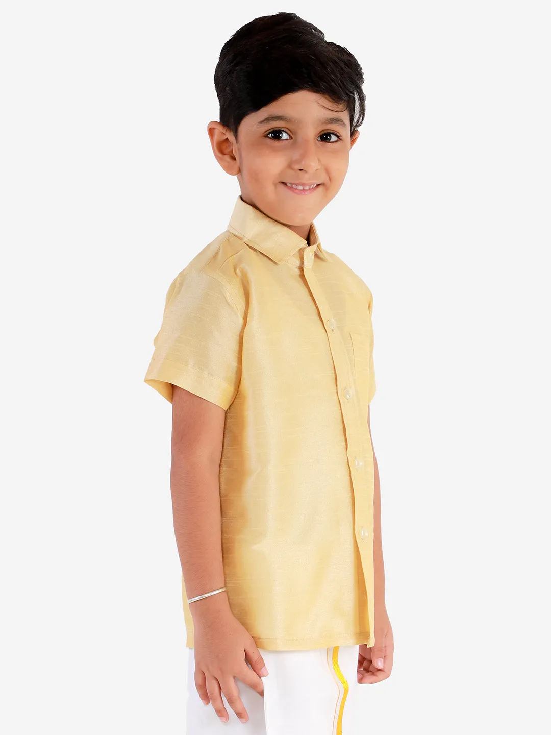 Jashvi Men's & Boys Gold Solid Silk Blend Half Sleeve Ethnic Shirt