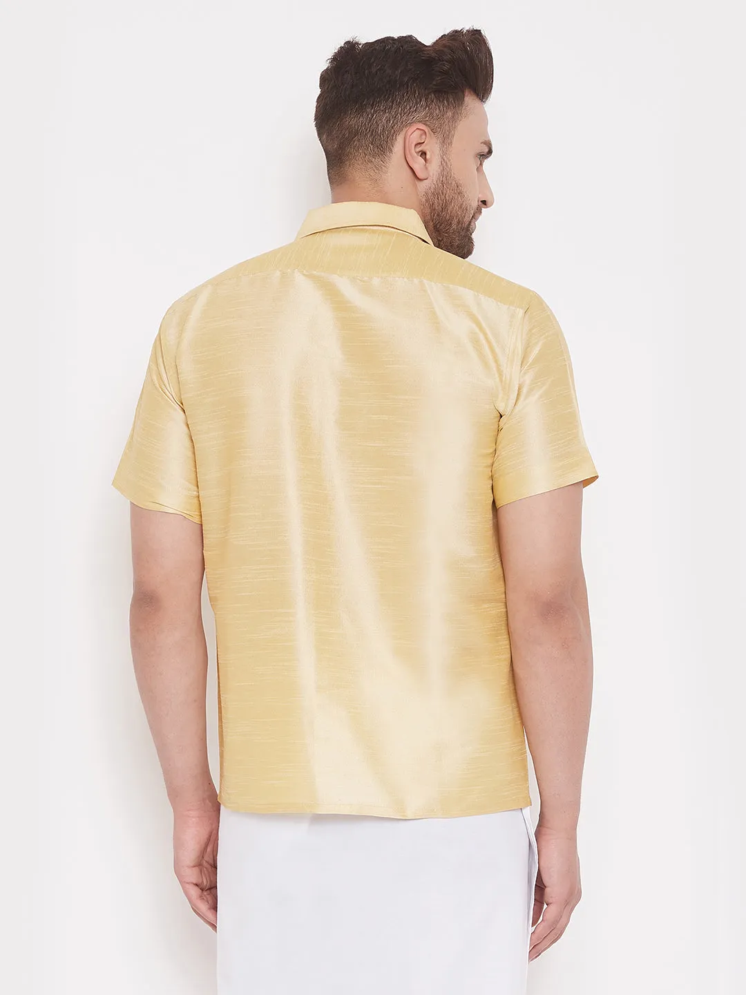 Jashvi Men's & Boys Gold Solid Silk Blend Half Sleeve Ethnic Shirt