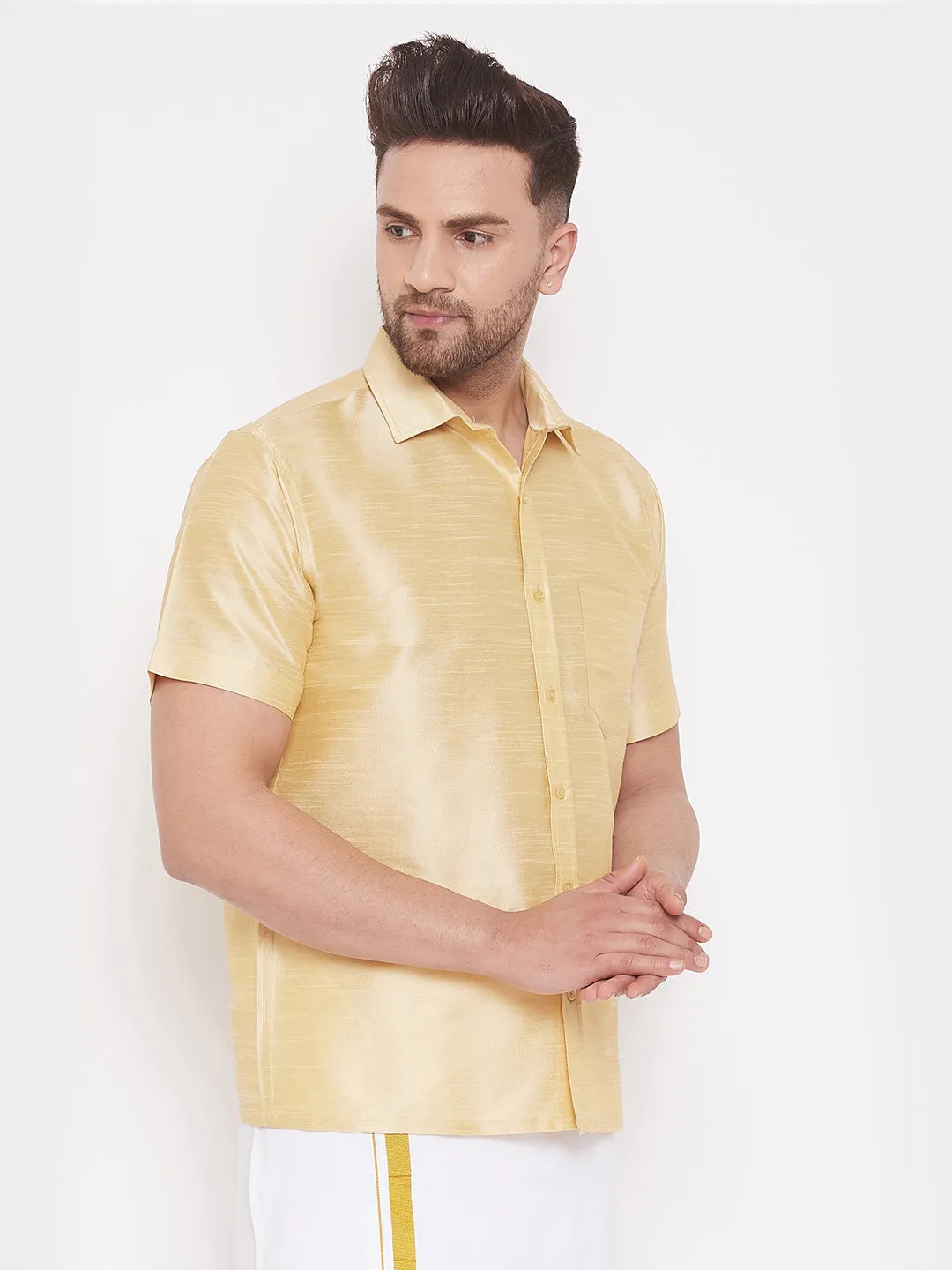 Jashvi Men's & Boys Gold Solid Silk Blend Half Sleeve Ethnic Shirt