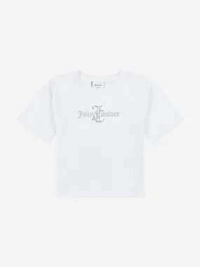 Juicy Couture Girls Glitter and Diamante Logo Boxy T-Shirt in White