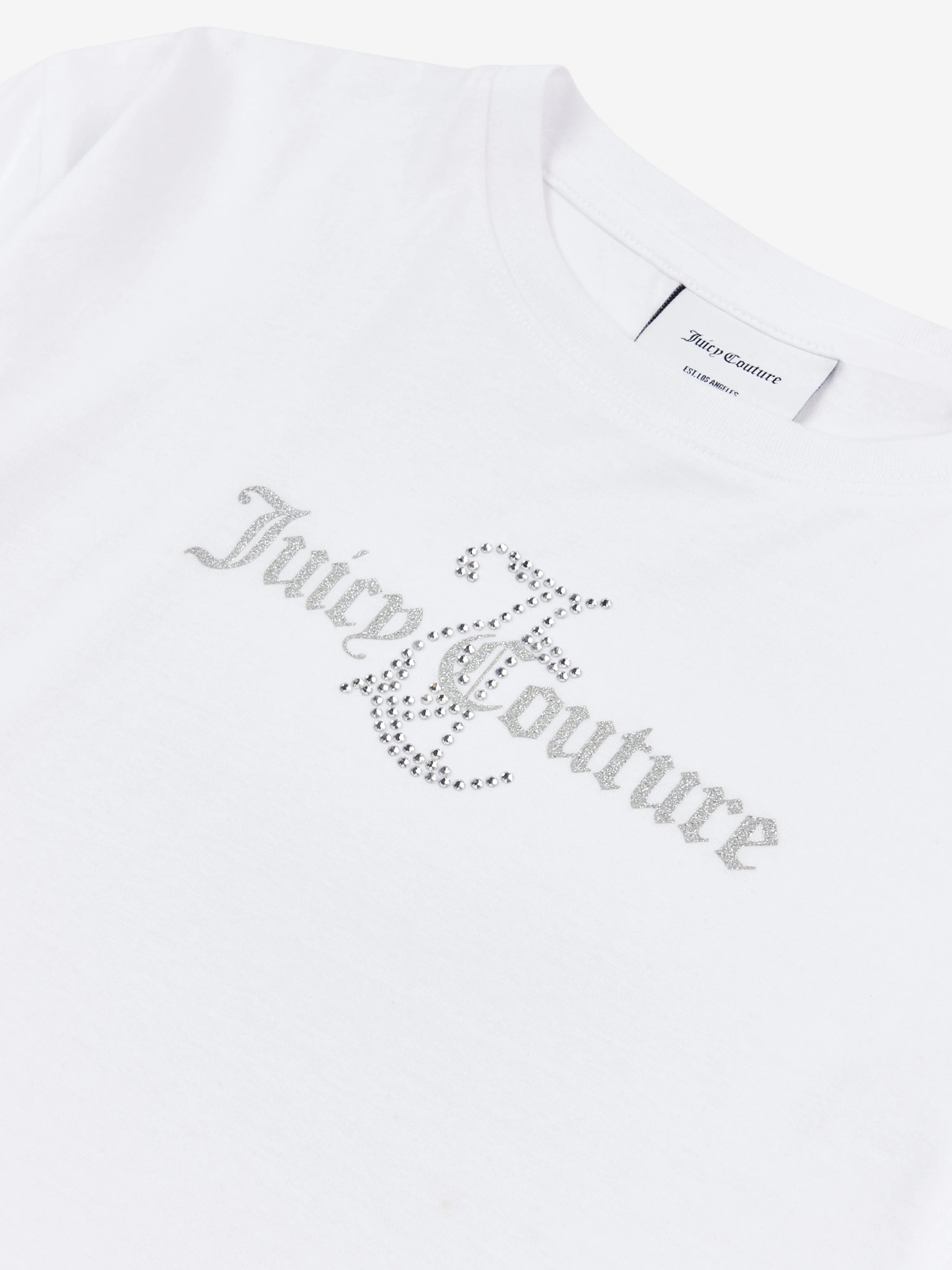 Juicy Couture Girls Glitter and Diamante Logo Boxy T-Shirt in White