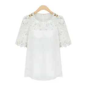 Ketty More Women Lace Decorated Neck Short Sleeves Blouse-KMWSB781