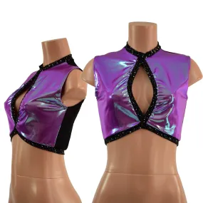 Keyhole Crop Top in Plumeria, with Star Noir Trim and Black Mesh Back