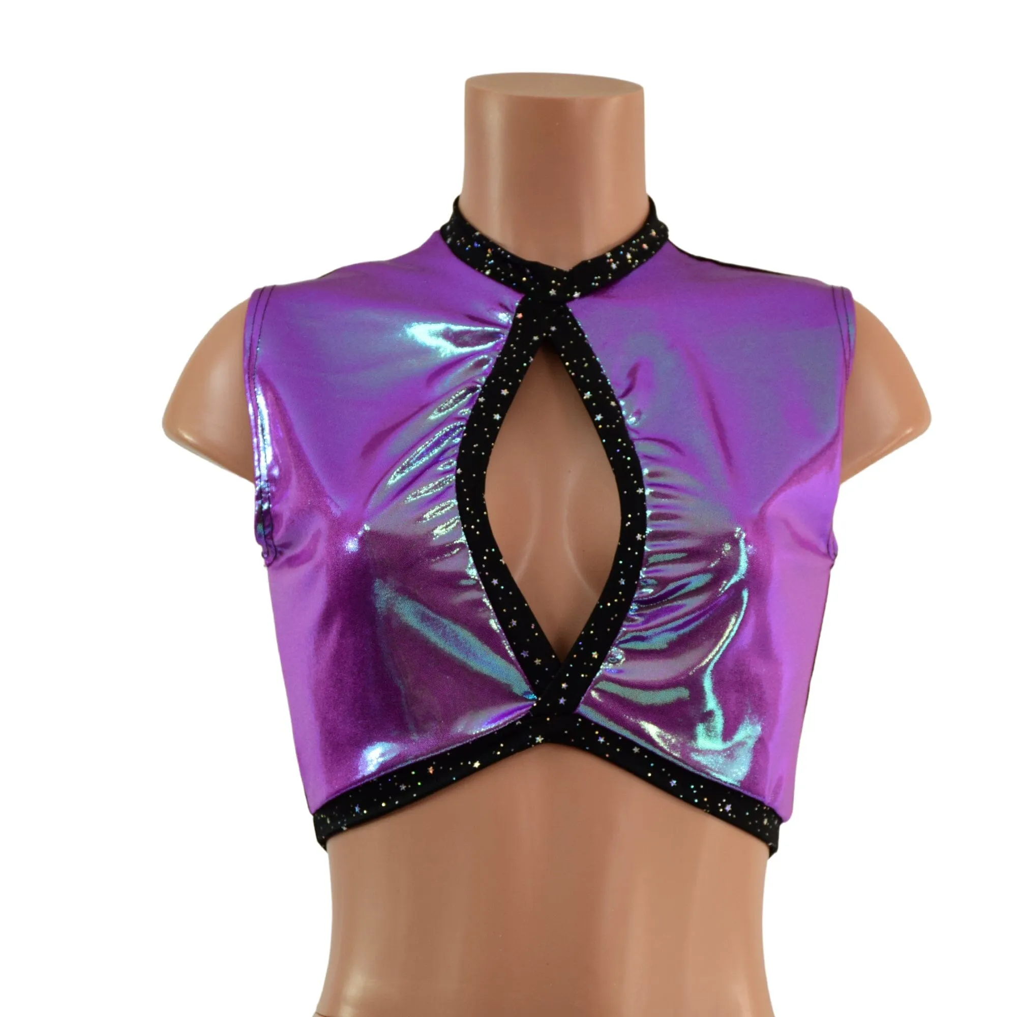 Keyhole Crop Top in Plumeria, with Star Noir Trim and Black Mesh Back