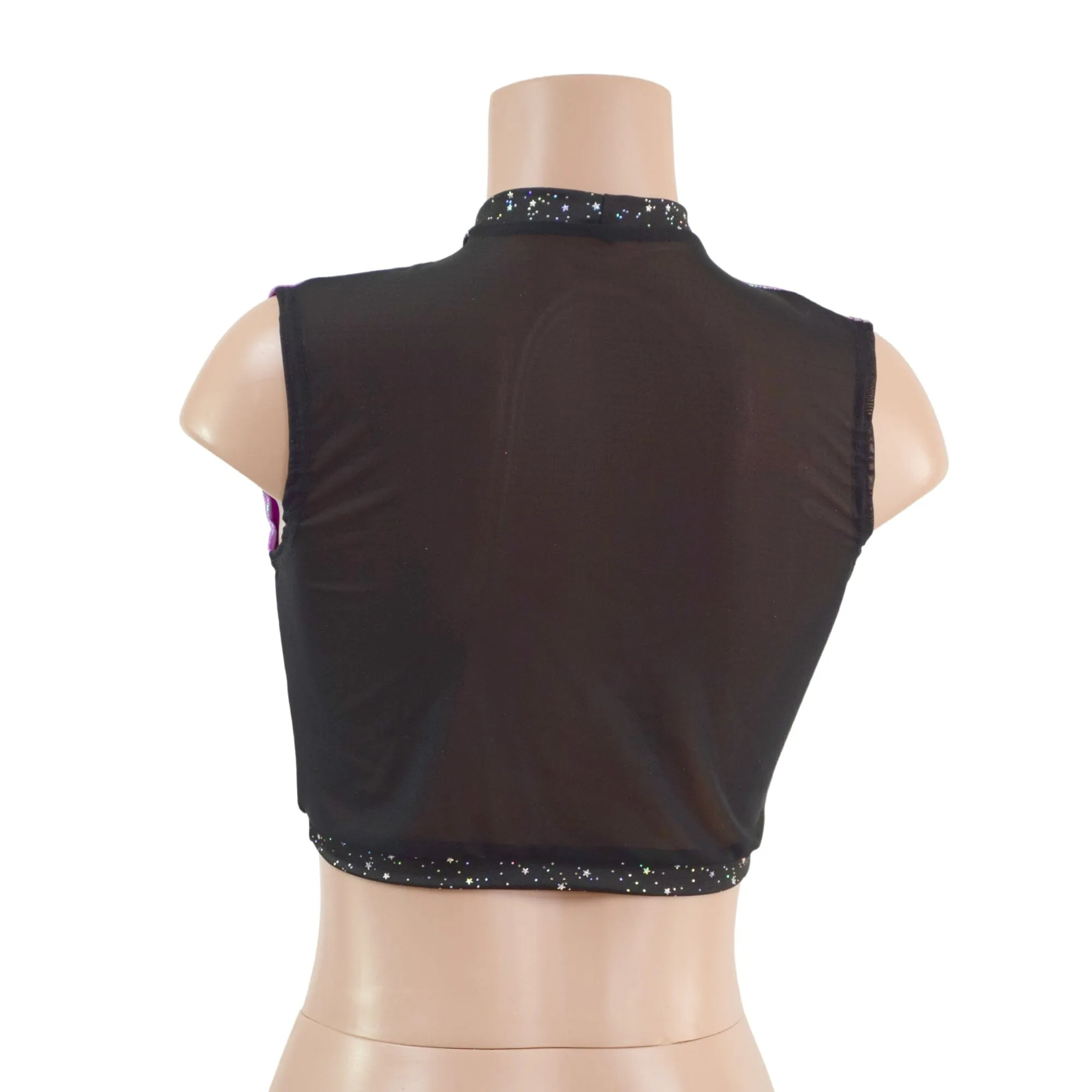 Keyhole Crop Top in Plumeria, with Star Noir Trim and Black Mesh Back