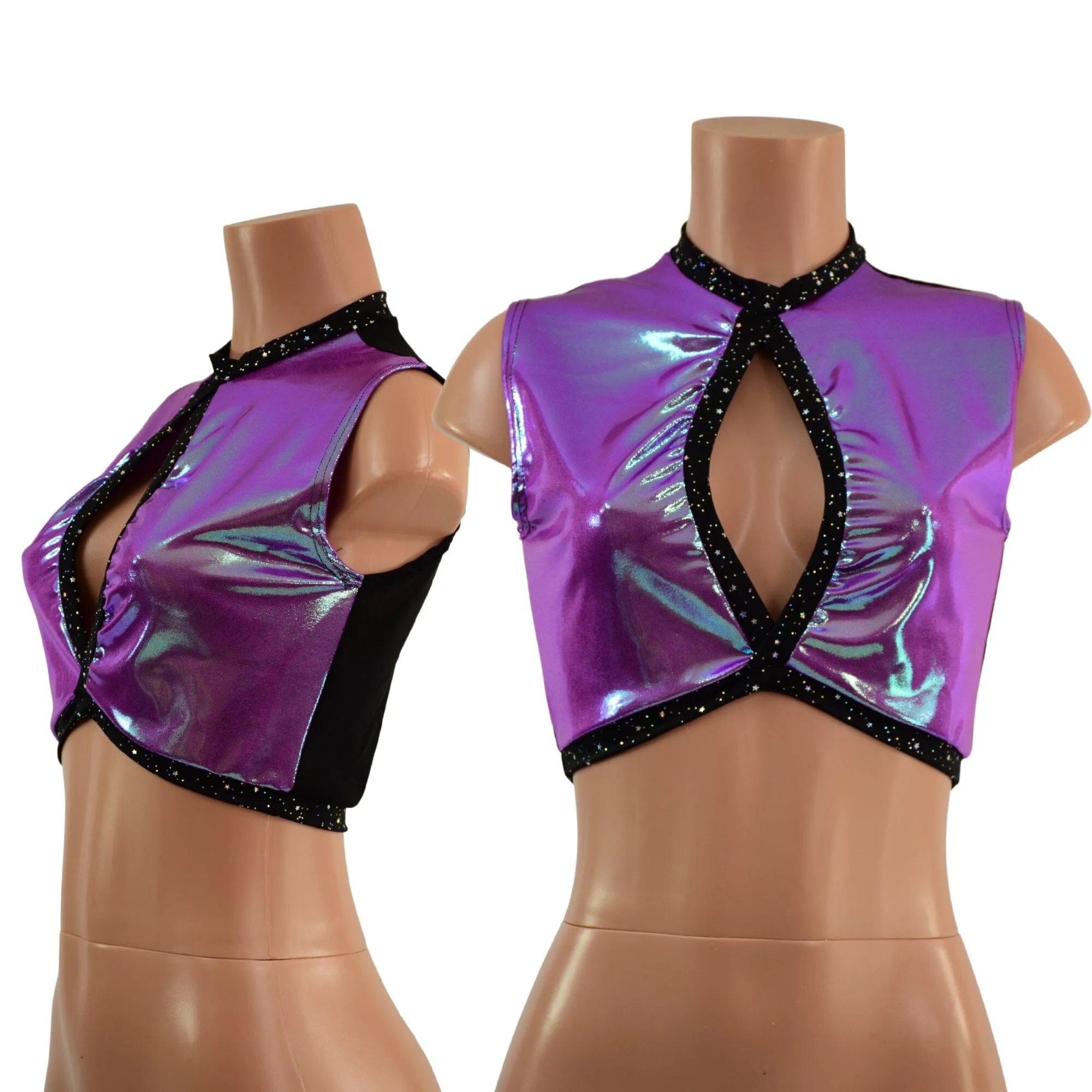 Keyhole Crop Top in Plumeria, with Star Noir Trim and Black Mesh Back