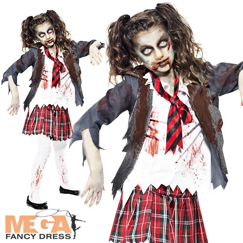 Kids Schoolgirl Zombie Halloween School Girl Uniform Costume