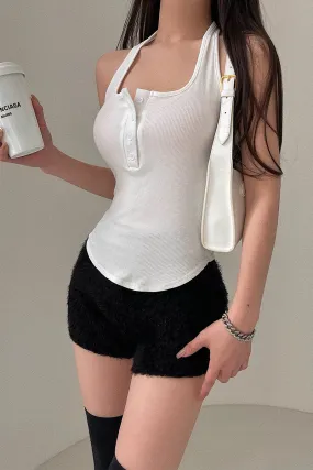 Kristan Solid Color Halter Backless Slim Button Up Sleeveless Top