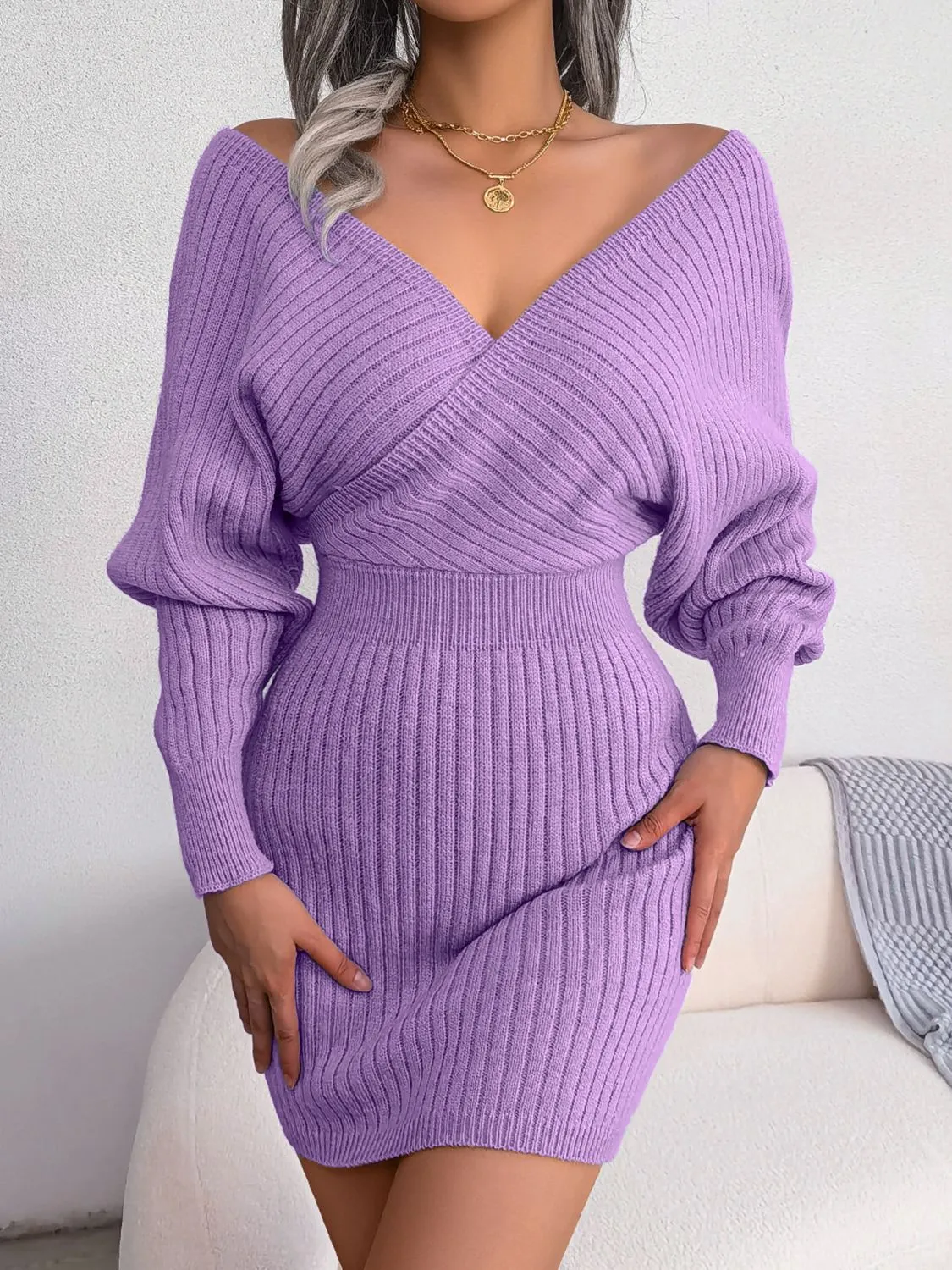 Ladies Elegant Rib-Knit Dolman Sleeve Sweater Dress