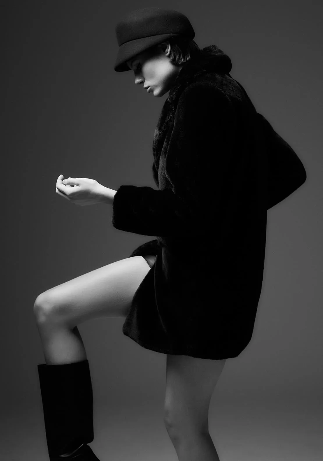 Lapel collar fur coat - Black