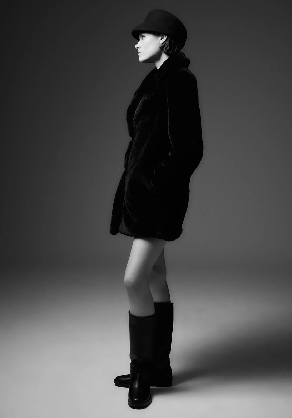 Lapel collar fur coat - Black