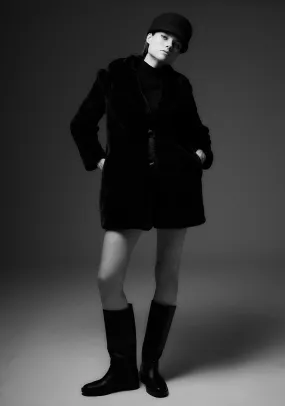 Lapel collar fur coat - Black