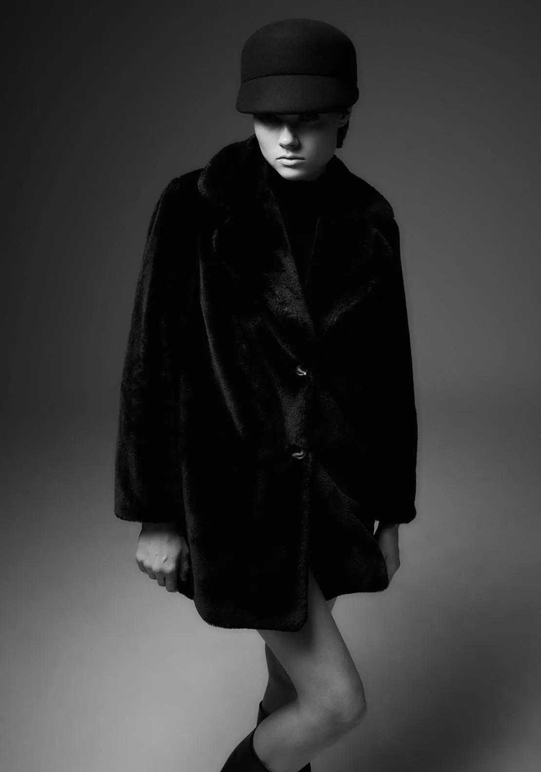 Lapel collar fur coat - Black