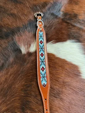 Leather Dog Collar With Teal & Red Beaded Inlay