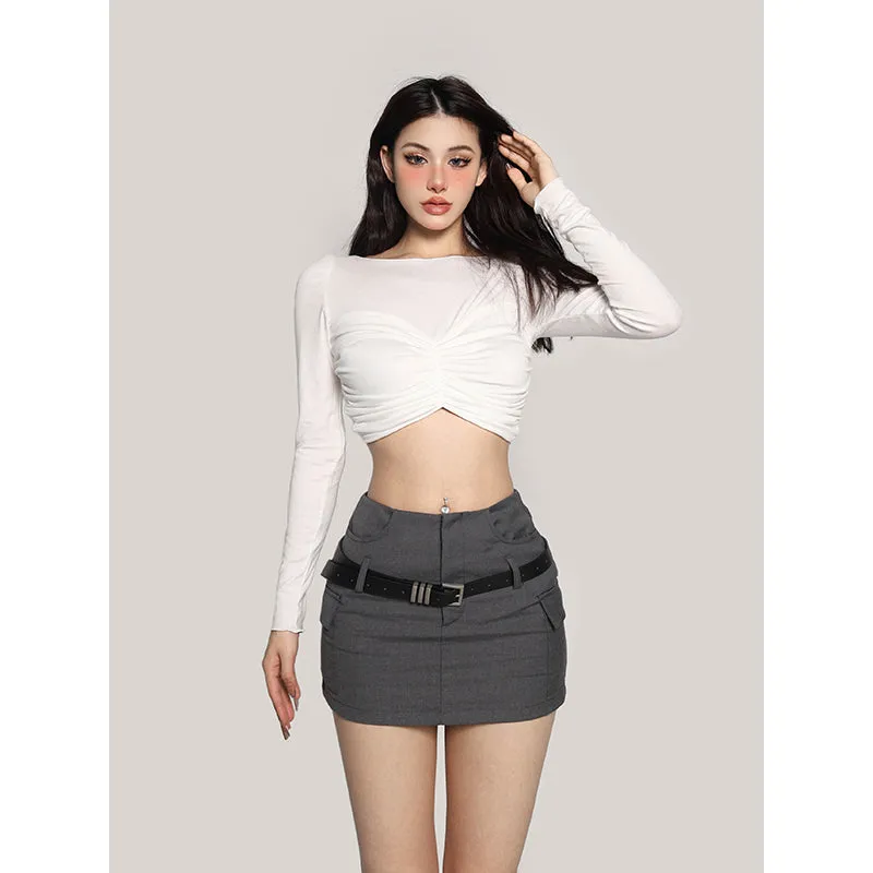 Lizzie Solid Color White Twist Long-sleeved Cropped Top