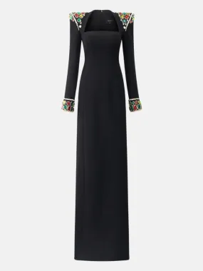Long Sleeve Stone Embellished Shoulder Dress