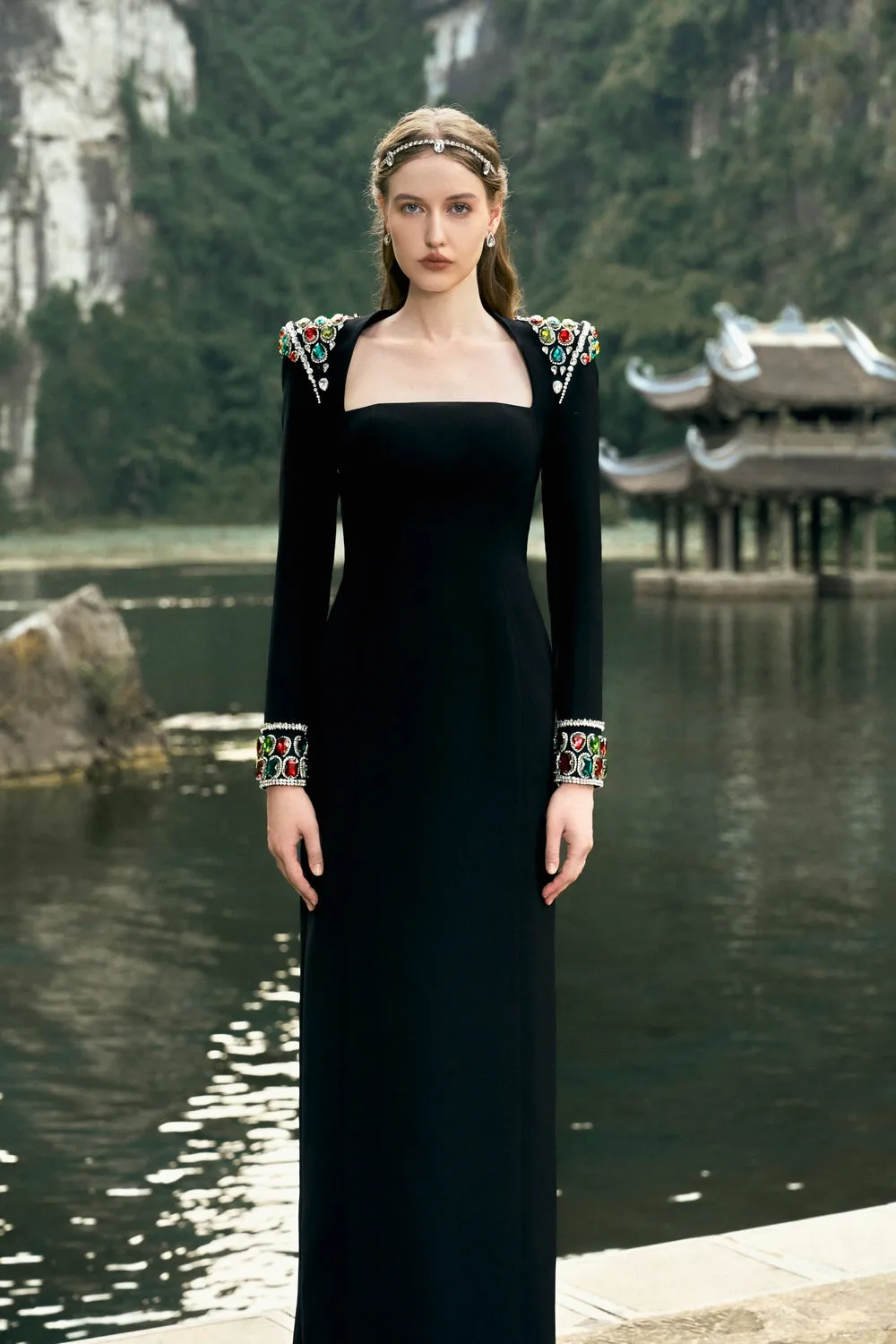Long Sleeve Stone Embellished Shoulder Dress