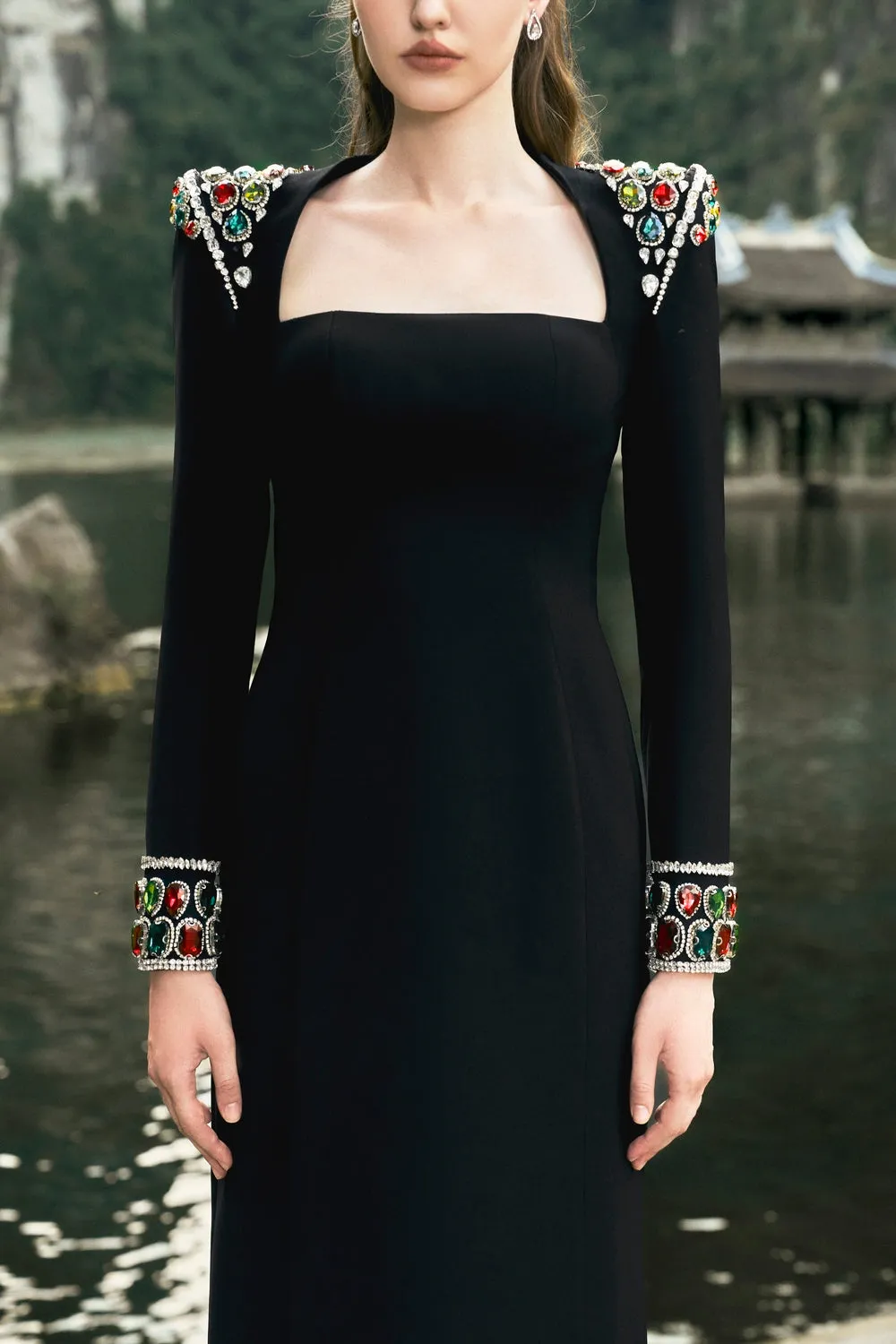 Long Sleeve Stone Embellished Shoulder Dress