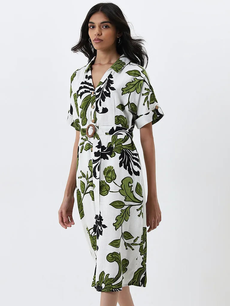 LOV White Leaf Printed A-line Shirt Dress with Belt