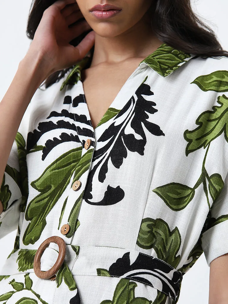 LOV White Leaf Printed A-line Shirt Dress with Belt