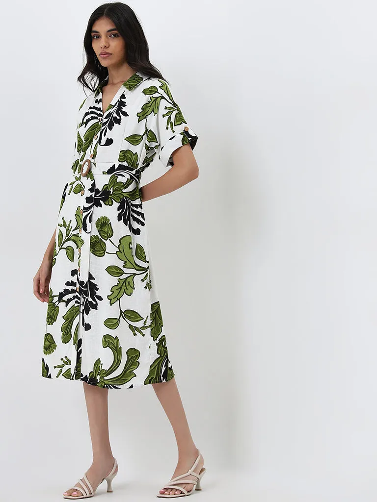 LOV White Leaf Printed A-line Shirt Dress with Belt