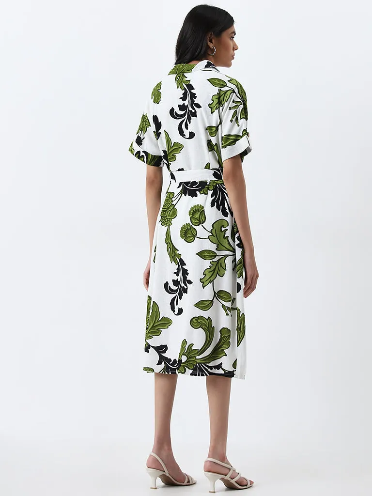LOV White Leaf Printed A-line Shirt Dress with Belt