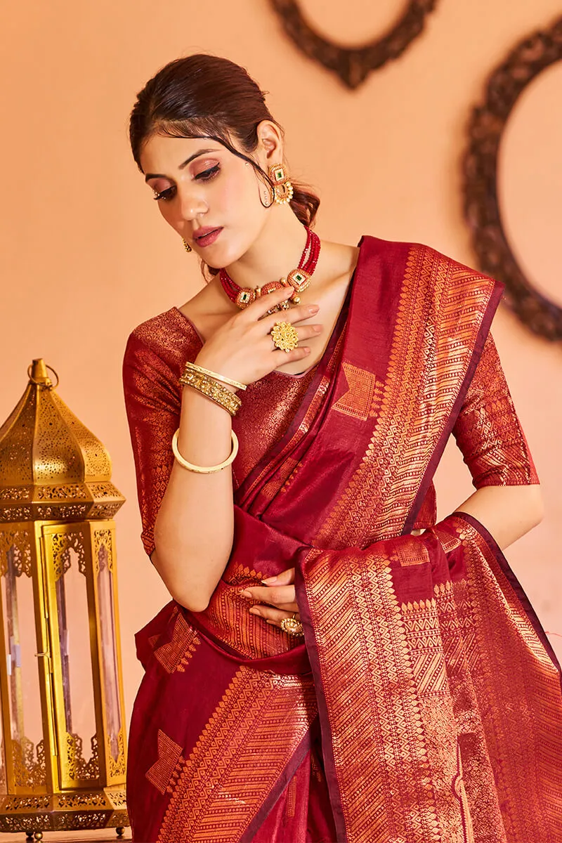 Majesty Red Soft Banarasi Silk Saree With Opulent Blouse Piece
