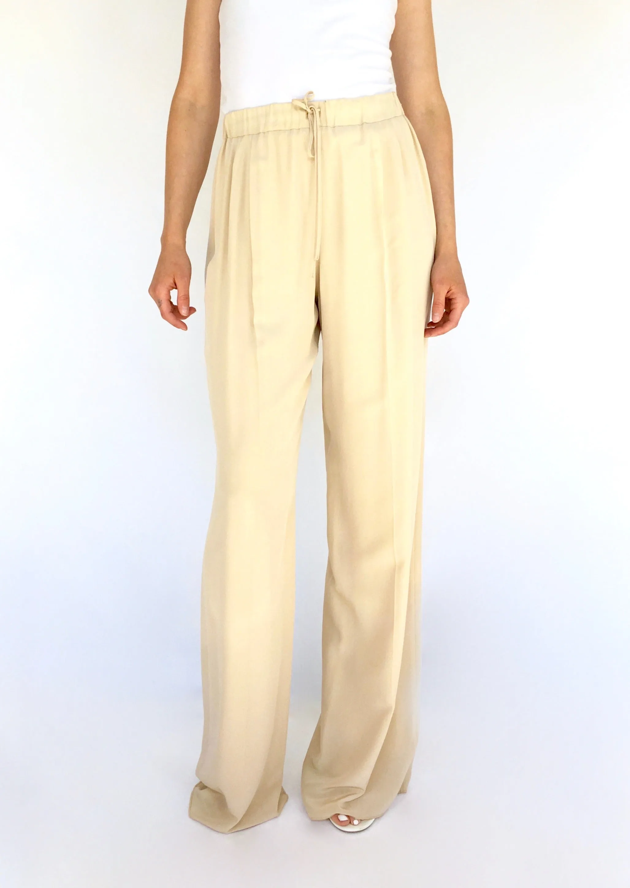 MAX MARA Women's sand silk crepe de chine wide leg trousers w/ drawstring waist, 8