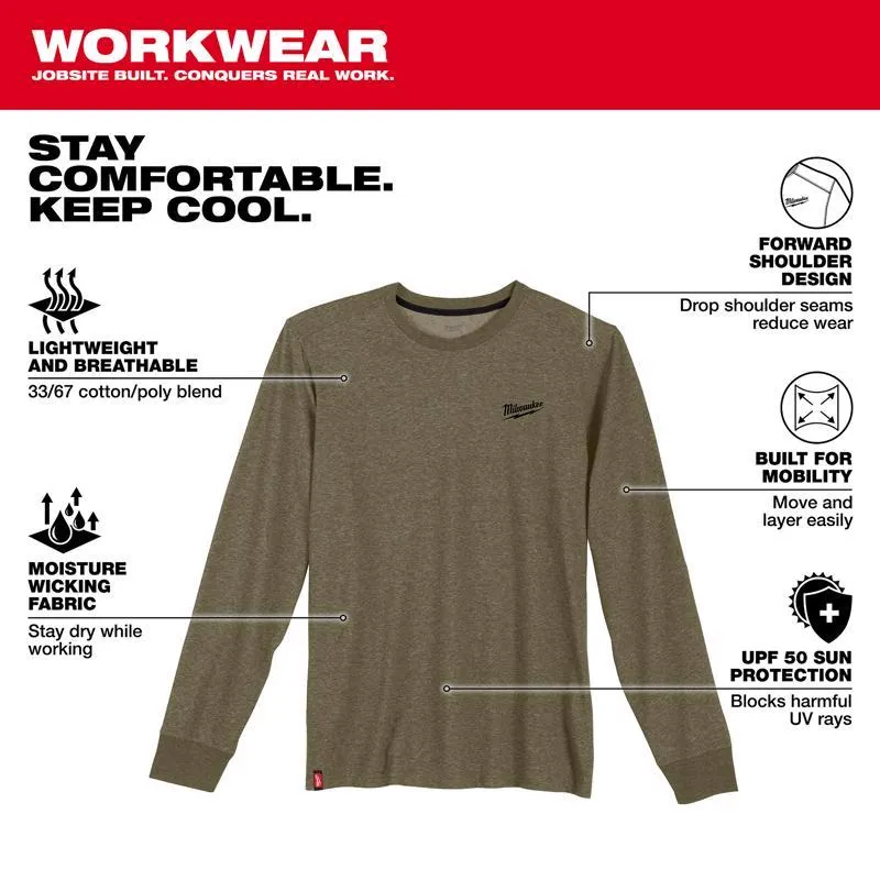 Milwaukee L Long Sleeve Men's Crew Neck Green Hybrid Work Tee Shirt