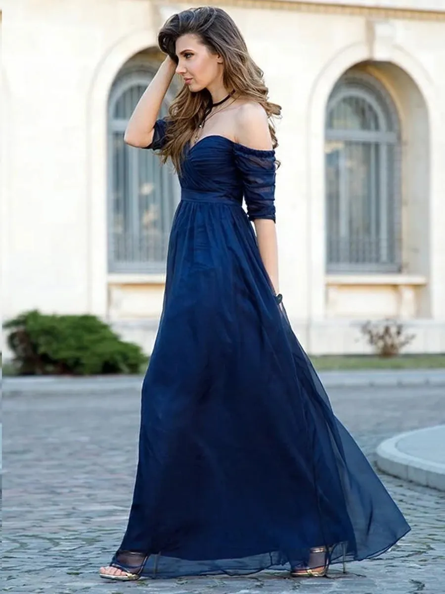 Off the Shoulder Half Sleeves Navy Blue Long Prom Bridesmaid, Off Shoulder Navy Blue Formal Graduation Evening