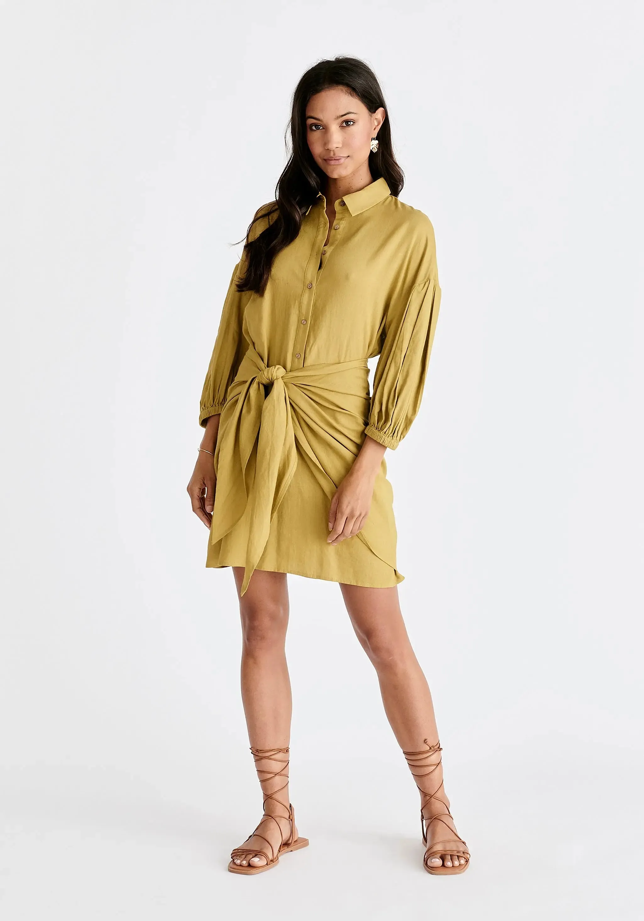 Olive Linen Blend Shirt Dress