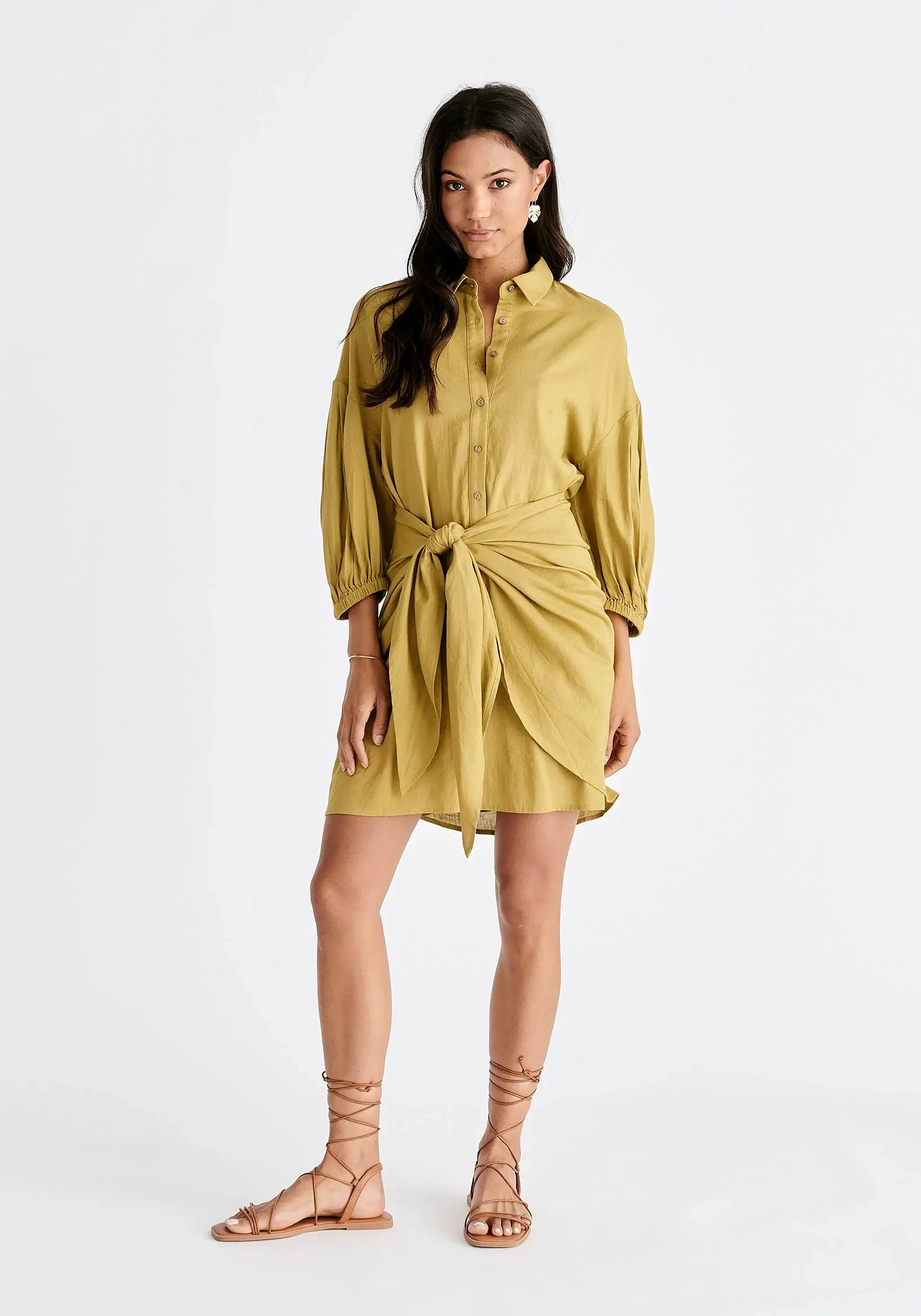 Olive Linen Blend Shirt Dress