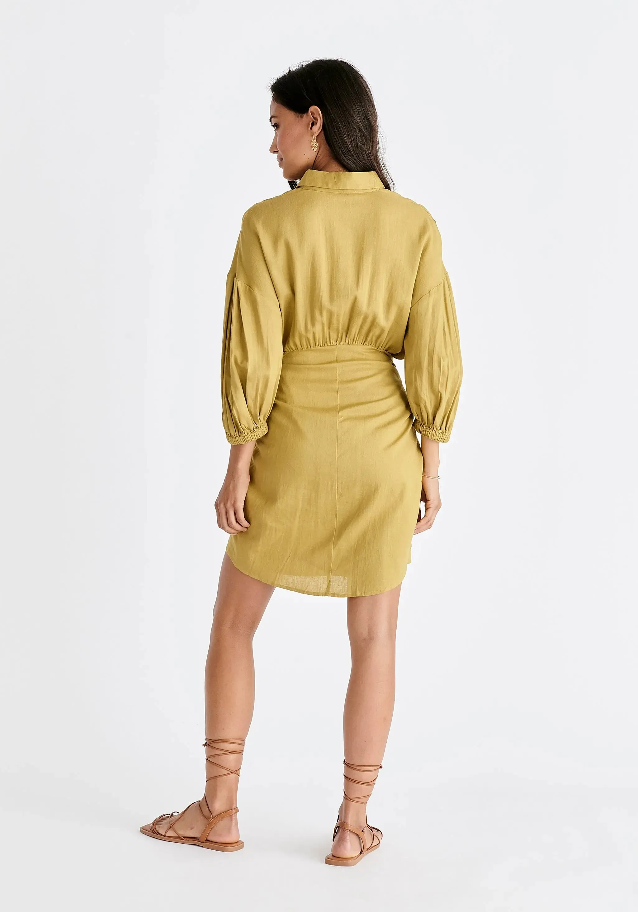 Olive Linen Blend Shirt Dress